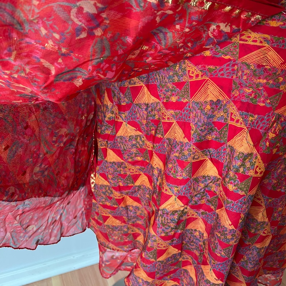Pure Silk India Layered Wrap Midi Skirt Red Plus Size Large Bright Vibrant - Picture 2 of 7